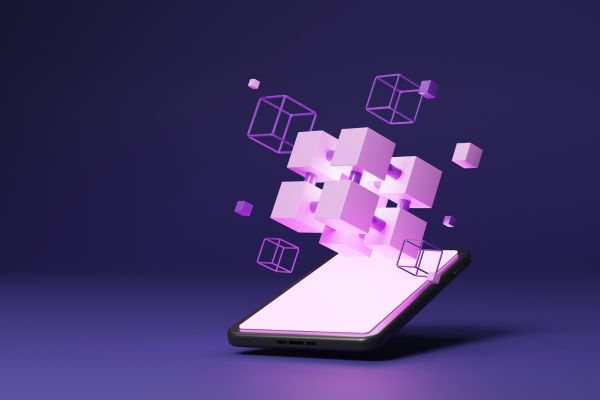 Smartphone generating 3D digital cubes, illustrating data certification and traceability using blockchain technology