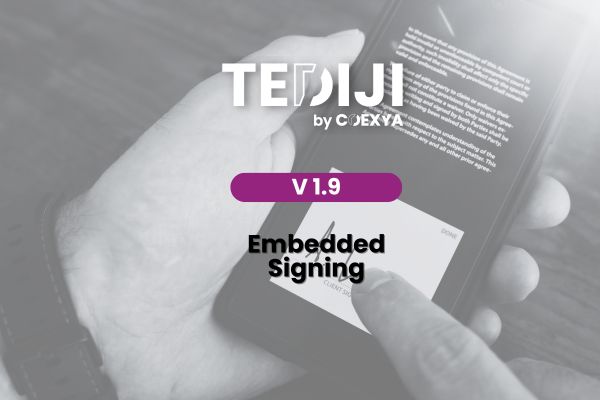 Visual for Tediji V1.9 illustrating embedded electronic signature on a smartphone