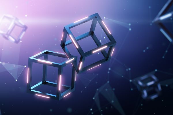 Connected digital cubes illustrating blockchain technology and the secure, immutable recording of data