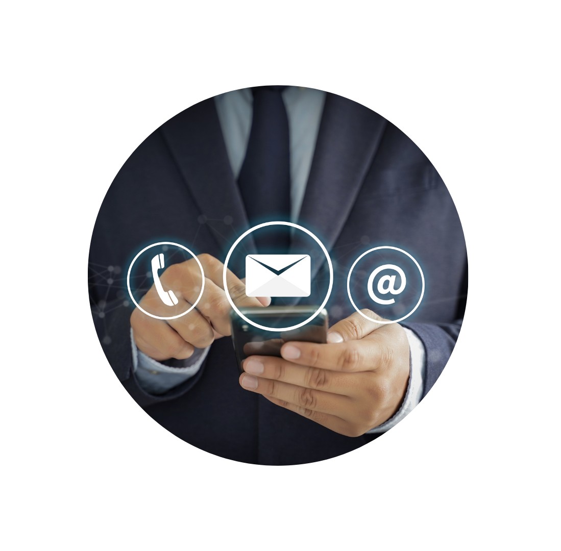 Professional using a smartphone with communication icons (phone, email, message), illustrating digital partnerships and SaaS solution integration