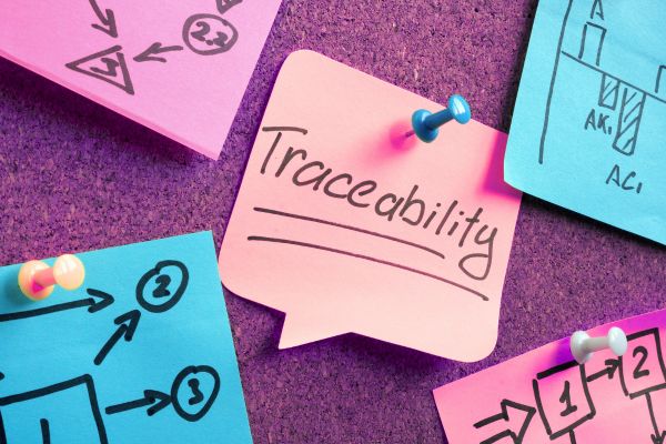 Sticky note with the word "Traceability" surrounded by diagrams and arrows, illustrating data tracking and action logging in information systems