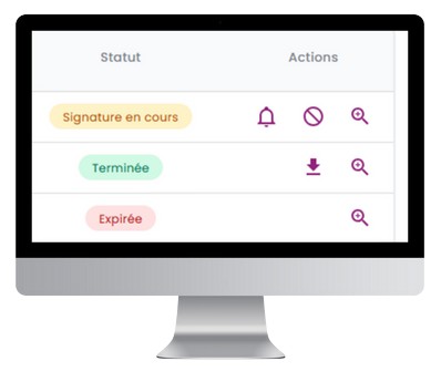 Interface Tediji affichant la liste des demandes de signature avec statuts et actions rapides (téléchargement, relance, annulation)